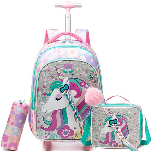 Meetbelify Niedlicher Einhorn-Rollrucksack für Mädchen, Rucksack mit Rollen für Grundschüler, Kinder, Reisegepäck mit Lunchbox, Federmäppchen für Mädchen im Alter von 6–8 Jahren