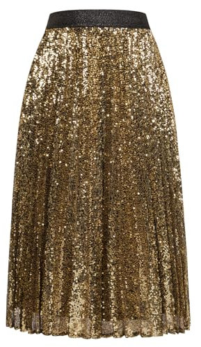 Tüllrock Damen Gold Einfarbig Festlich Geburtstag Party Rock Damen Midi A-Linie Glitzer S Gold -2