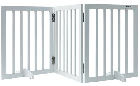 VEVOR Free Standing Dog Gate, 24 H x 60 W Freestanding Pet Gate, 3 Panels Foldable Dog Gate for Wide and Narrow Passageways, Expandable Dog Barrier with Silent Foot Support for Indoor, White