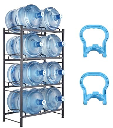 VEVOR 4-Tier Water Jug Holder, Double Row Water Bottle Rack for 8 Bottles, Heavy Duty Iron Rack for Kitchen, Office, Living Room, Black (25.6 x 13 x 42.9 inches)