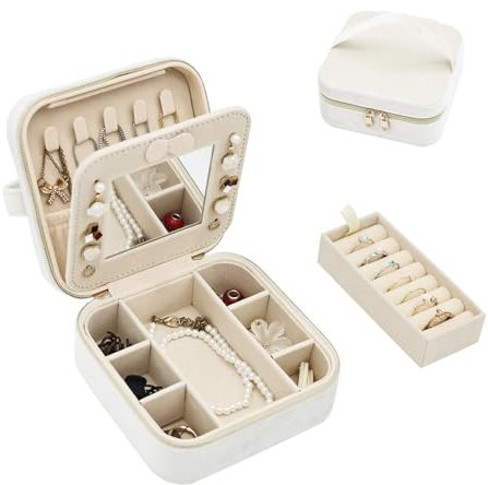 Boxudeli Schmuckkästchen Reise, Schmuckkasten aus Samt mit Spiegel, kleine Schmuckaufbewahrungsboxen für Frauen, Schmuckschatulle für Ringe, Ohrringe, Halsketten und Armbänder (Beige)