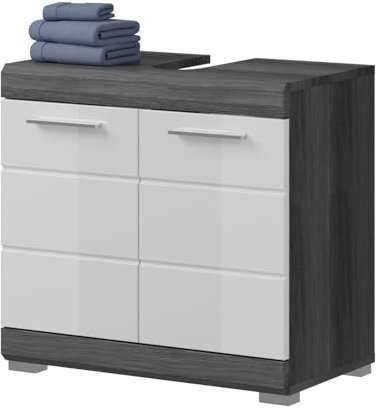 Inn.Furn Waschbeckenunterschrank weiß Hochglanz und Rauchsilber grau Badezimmer Gäste WC Unterschrank 60 cm Shawn (mit Türen)