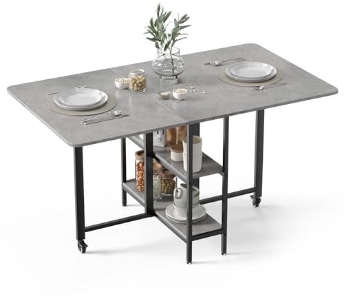 Mondeer Mobiler Klappbarer Esstisch, Klapptisch mit 2 offenen Ablagen für kleine Räume Esszimmer Küche, 140 x 80 x 75 cm, Grau