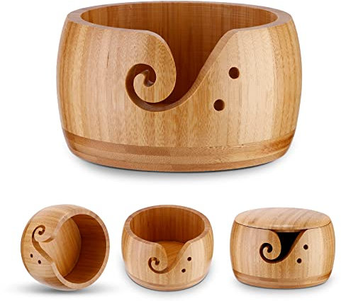 ALLOMN Wood Knitting Bowl, Knitting Bowl Holder Wool Storage Bowl Bamboo Knitting Bowl Wool Holder Organizer Wool Bowl Storage Accessories with Lid for Knitting and Crochet Projects