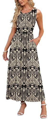 AUSELILY Summer Dresses for Women Casual Sleeveless Maxi Dress Loose Long Dresses with Pockets Boho Floral Black L