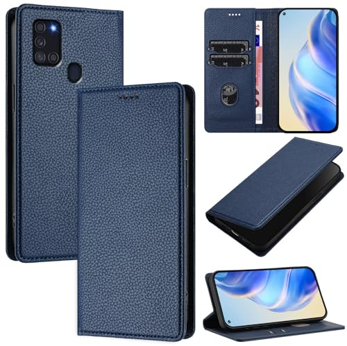 DENDICO Handyhülle für Samsung Galaxy A21s Hülle, PU Leder Klapphülle mit RFID-Blockierung, Stoßfeste Magnetische Schutzhülle für Samsung A21s, Dunkelblau