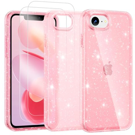 Noyabox Coque de protection transparente à paillettes pour iPhone 16e avec 2 verres blindés - En silicone souple et léger - Anti-rayures - Rose