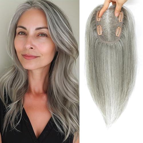 Human Hair Toppers for Women Real Human Hair Topper with Thinning Hair Clip In Topper Hairpieces 40g No Bangs 10 * 12CM Swiss Base Wiglets Top Hair Toppers 12Inch (Mixed Light Grey)