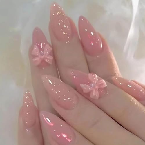 TELAIN Pink Sticker Nails, Medium Bow, Almond Shape, Full Coverage, Cute False Nails for Women and Girls, 24 Pieces