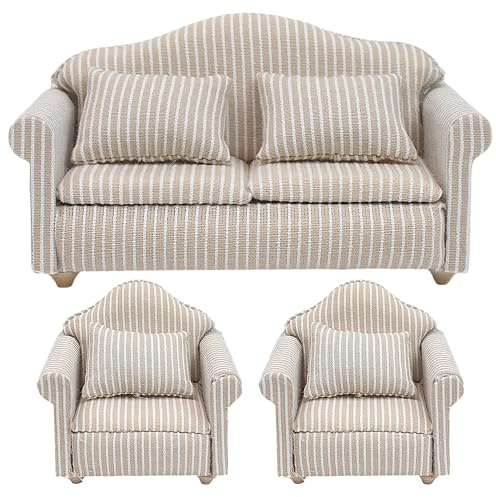 3pcs Dollhouse Couch, 1/12 Scale Living Room Furniture Accessory, Timeless Classic Miniature Double & Single Couch with Pillow, Upholstered Sofa Armchair Set Accessories for Bedroom Sectional Décor