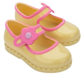mini melissa Hip Ballerina Flats with Strap for Girls, Yellow/Pink, 8