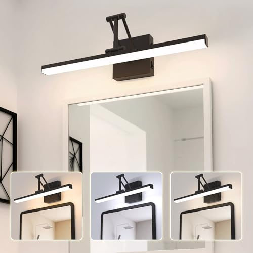 Sytmhoe Led Applique Salle De Bain Miroir 12W 3000K 4500K 6000K, Noir Lampe Pour Miroir De Salle De Bain Avec Interrupteur Support Télescopique Pliable, Aluminium Éclairage Pour Tableau Chevet Murale