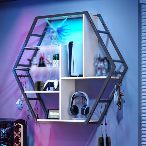 39 Wide LED Gaming Floating Shelves, 5 Tier Wall Mounted Shelves with 2 Removable Glass Shelves, Coffee Bar Rack with 8 Hooks, Display Rack for Wall Storage for Gaming Room, Black