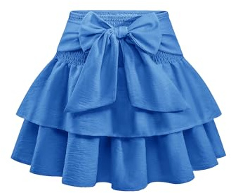 Timormode Women's Bow Mini Skirt High Waisted Ruffle Hem Short Skirts Cute A-Line Layered Skater Skirt TMS8005 RoyalBlue L