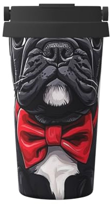 Travel Mug with Lid & Handle Cute Black French Bulldog with Red Heart Thermal Mug Vacuum Men Coffee Cup, for Outdoor, Home, Hiking, 17Oz