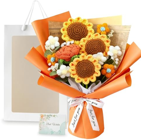 Esilihom Crochet Flowers, Handmade Bouquet of Sunflower Flowers | Knitted Flower Bouquet, Gifts for Mother & Her, Birthday, Anniversary, Mother's Day, Preserved Orange Floral Arrangement