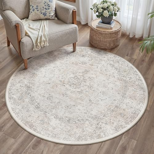 PureCozy Beige Teppich Rund 120cm Runder Vintage Waschbarer Wohnzimmerteppich rutschfest Kurzflor Weich Böhmischen Cream Carpet für Wohnzimmer Living Room Schlafzimmer Büro Esszimmer
