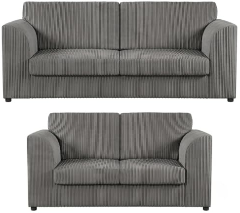 Sofa Snug 3+2 Seater Jumbo Cord Corner Sofa Full Back Soft Fabric with Modern Design for Living Room - Charcoal Gray