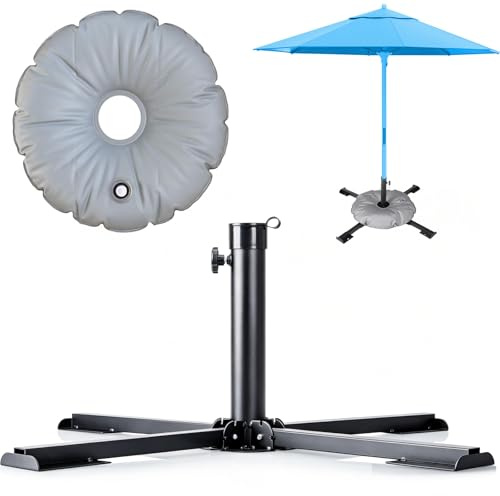 Warmfay Pied de parasol pliable pour mât de 24 à 32 mm de diamètre en acier robuste avec sac de poids pour 12 litres de sable/eau, support de parasol réglable pour jardin, plage