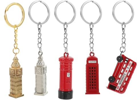 Milisten 5 Stück Schlüsselanhänger England Stil aus Zinklegierung mit London Bus Telefonzelle Briefkasten und Big Ben Dekorativer Anhänger für Handtasche und Auto
