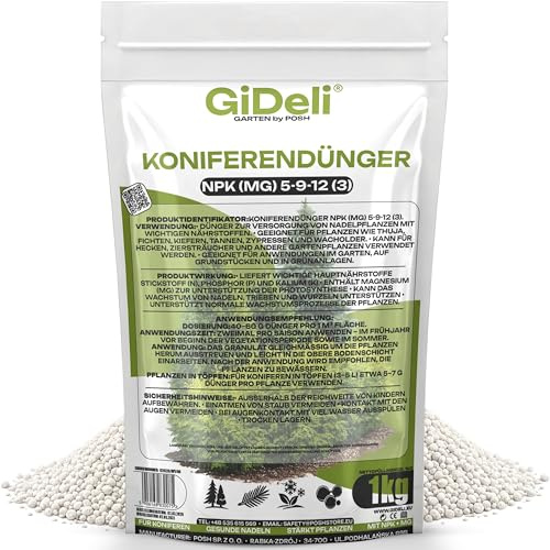 GiDeli Koniferendünger 1kg - Thuja Dünger Frühjahr mit Vielseitigen Anwendungsmöglichkeiten - Universaldünger für Hecken und Ziersträucher - Pflanzen Dünger, der vor Vergilbung Schützt