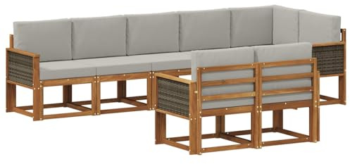 vidaXL Outdoor-Sofagarnitur 8 pcs Natürlich und Hellgrau Polyester, Moderne Sofa für draußen, Gartenmöbel-Set, wetterfest, gemütliche Terrassen-Lounge