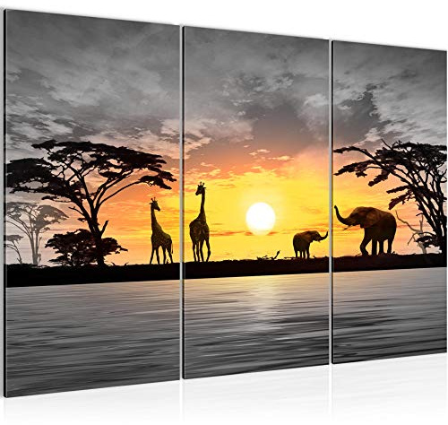 Runa Art Wandbilder Afrika Sonnenuntergang Bild XXL Wohnzimmer Schlafzimmer Grau Orange Savanne 120 x 80 cm 3 Teilig 000231c
