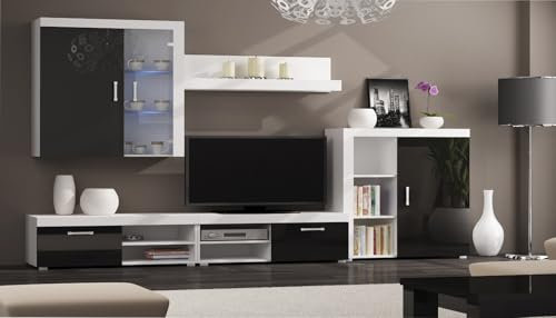 Meuble de Salle à Manger, Salon Moderne avec LED, Finition Noir Brillant laqué et Blanc Mat, Dimensions : 290 x 200 x 45 cm de Profondeur