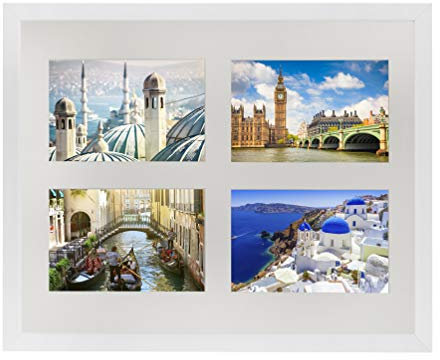 Cadre Photo pêle-mêle, 28 x 35 cm Cadre Multi Photo avec Passe-Partout pour 4 Photos 10 x 15 cm, Blanc