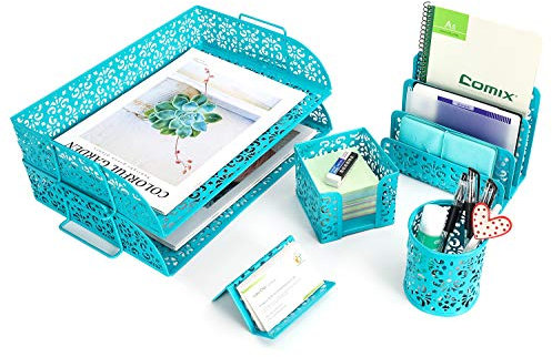 easypag 5 in 1 Schreibtisch Organizer Set – 2 Etagen Schreibtisch Briefablage stapelbar, Briefsortierer, Stifthalter, Visitenkartenhalter und Stick Note Halterung Dunkles Türkis