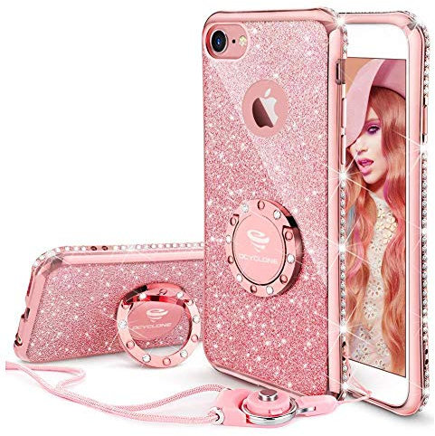 iPhone 6s Plus Case for Girls, Glitter Cute Girly Case with Stand, Bling Diamond Rhinestone with Ring Kickstand Sparkly Pink Girls Case for iPhone 6/6s Plus Case - Rose Gold