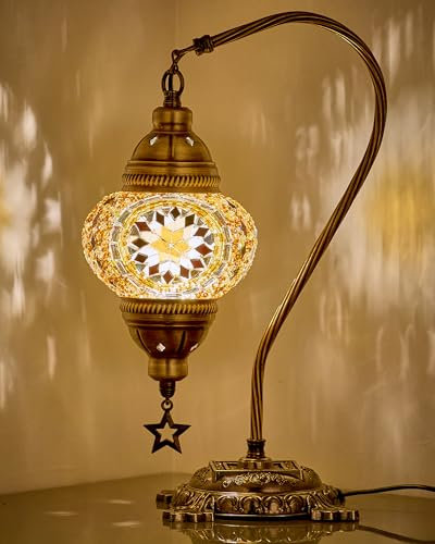 Lámpara turca auténtica DEMMEX, fabricada en Turquía, lámpara de mesa de noche con mosaico turco marroquí, 100% hecha a mano, cuerpo de metal de color latón antiguo y base de metal decorada.