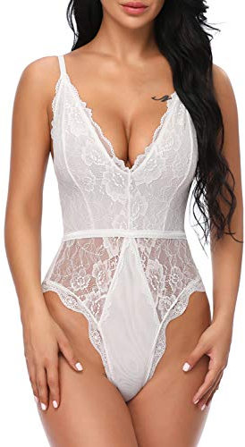 EVELIFE Body Donna Sexy Pizzo Lingerie Teddy Un Pezzo Scollo a V Biancheria Intima Trasparente(Bianco L)