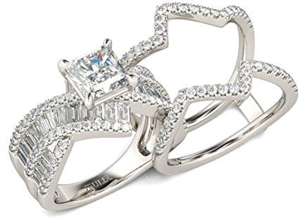 Jeulia 2.85 ct Damen Ringe Set Sterling Silber Bypass Prinzess-Schliff Diamant Ringe Set Schmuck für Braut Hochzeit Band Verlobungsring Trauring Ehering (60 (19.1))