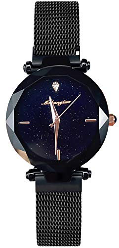 rorios Damen Uhren wasserdichte Quarz Armbanduhr Sternenklarer Himmel Dial mit Edelstahlarmband Mode Kleid Uhren für Damen