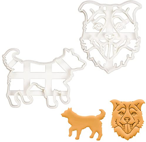 BAKERLOGY Set of 2 Border Collie Cookie Cutters (Design: Face and Silhouette) - Detailed Biscuit Cutter Design for Baking and Crafts, Ideal on Fondant, Dough, Clay