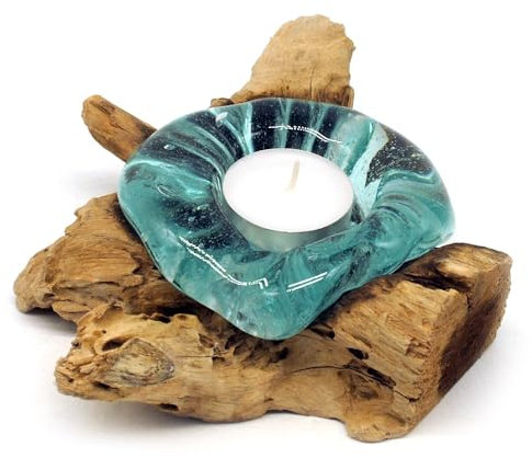 Naturaleza Portavelas de cristal y madera, raíz con cristal para una vela de té, raíz de madera de teca (raíz 12-15 cm)