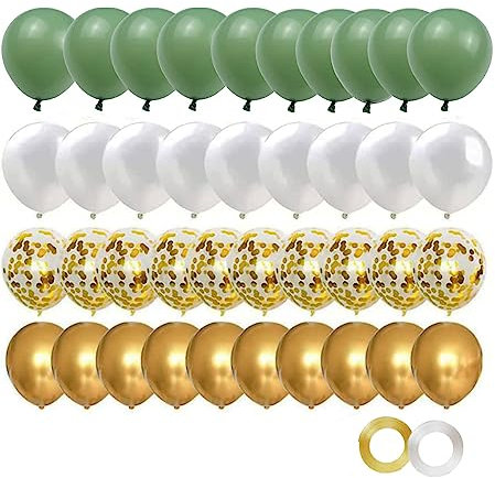 60 Palloncini Set Verde Oro Bianco per Matrimonio, Compleanno, Battesimo e Feste - Kit Decorazioni con Palloncini a Elio per Baby Shower, Laurea, Sposi (Verde)