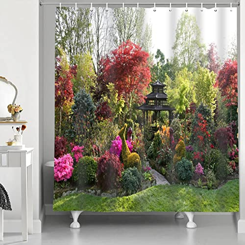 Abaysto Shower Curtain 3D Garden View Flowers Trees Outdoor Nature Scenery Waterproof Cloth Fabric Bathroom Decor Set with Hooks 60x72 Inch