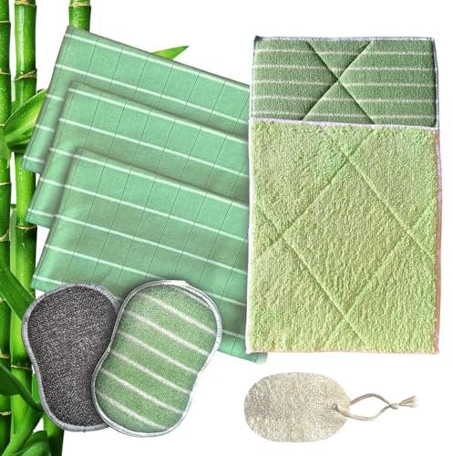 Chiffon Microfibre Bambou 8 pièces, 3 Eponges OFFERTES ! Pour Nettoyer Lustrer Vitres, Plan de Travail, Plaque Induction, Vaisselle, Voiture, Lunettes Lot de Torchons Lavettes Eponge Lavable + Loofah