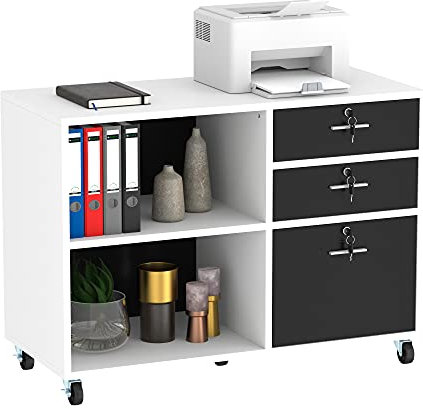 YITAHOME Mobile Filing Cabinet with 3 Lockable Drawers, Wood Lateral File Cabinet for Home Office, Storage Cabinet for Letter Size Documents, Printer Stand Table with Open Compartments, White + Black