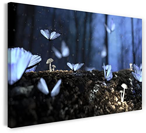 Printistico Leinwandbild (60x40cm) Schmetterlinge, Blau Leuchten Wald Pilze Natur, kühle Farbe, Tier-Fotos, Natur-Fotografie, echter Holz-Keilrahmen inkl. Aufhänger, handgefertigt in Deutschland