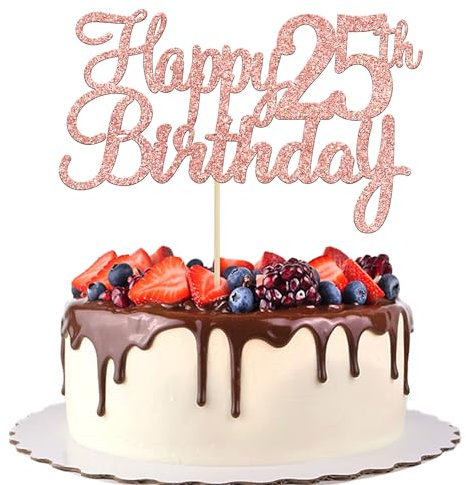Gyufise 3Pcs Happy 25th Birthday Cake Topper Glitter 25th Birthday Cake Pick Cheers to 25 Years Old Twenty five Fabulous Cake Decorations for 25th Birthday Theme Party Supplies Rose Gold