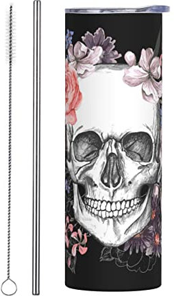 Sugar Skull Flower Halloween Tumbler Cup 20 oz, Stainless Steel Mug Vaccum Insulated Skinny Tumblers with Lid and Straw Double Wall Feak Proof Coffee Travel Mug Birthday Gift for Women Men
