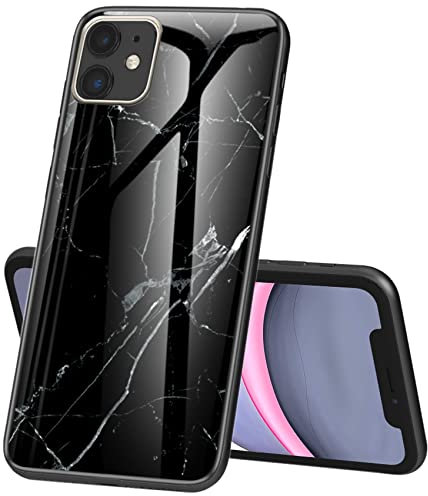 IMIRST Phone Case for Apple iPhone 11 - Shockproof Protective Snap-on Case with Glass Back Shell Marble Pattern Design for Apple iPhone 11 LS Marble Black