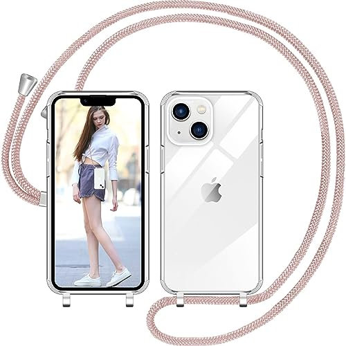 Nupcknn Handykette für iPhone 14 Hülle mit Band,Ultra Dünn Transparent Handyhülle (Abnehmbar) Necklace mit Kordel zum Umhängen Kameraschutz Handy Kette Stossfest Schutzhülle(Rosegold,6.1)