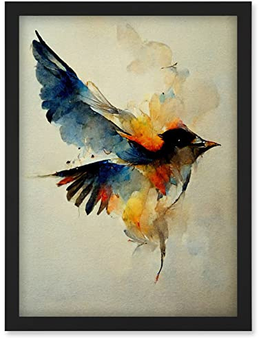 Doppelganger33 LTD Watercolour Paint Illustration Of Colourful Flying Bird Artwork Framed Wall Art Print A4
