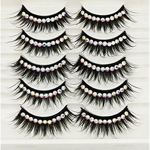 Wudaizhi 5pairs Soft False Eyelashes Natural 3d Fake Eye Lashes with Shiny Rhinestones Makeup Party Colored Extension Eyelashes