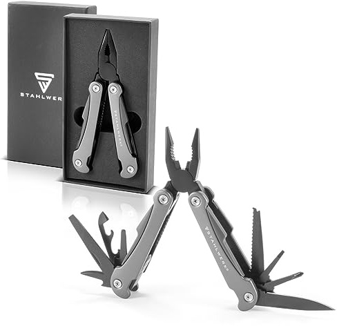 STAHLWERK Multitool mit 13 Werkzeugen, hochwertiges Taschenmesser/Klappmesser/Multifunktionswerkzeug mit Messer, Säge, Feile, Kombizange, Drahtschneider, Schraubendreher etc.