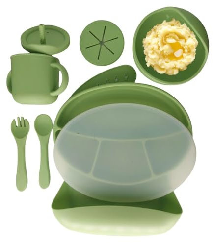 CHLOENCE - Set Pappa Svezzamento Neonati 8 Pezzi In Silicone, Piatto Con Ventosa Per Bambini, Ciotola, Bicchiere, Posate, Bavaglino Regolabile - Set Pappa Senza BPA, Con Coperchio In Plastica, Verde